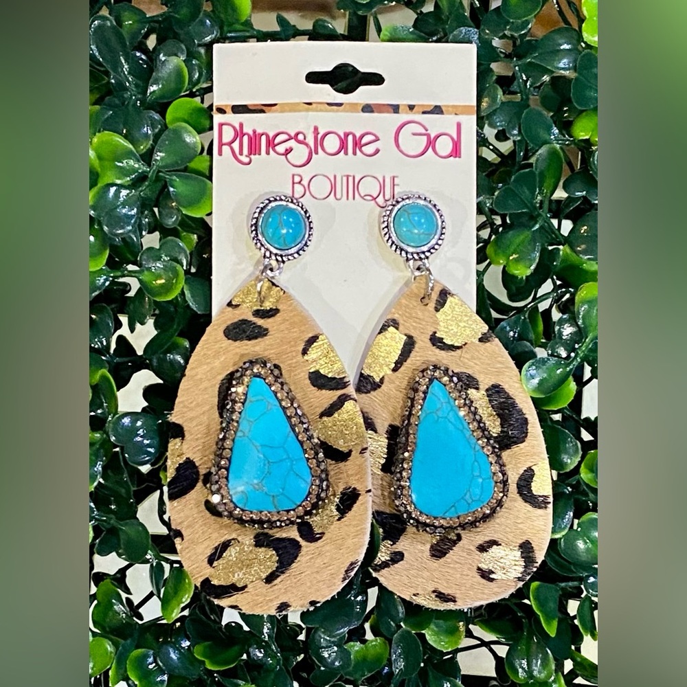BRAND NWT Leopard Faux Leather Earrings with Turquoise Stone & Crystal Accents